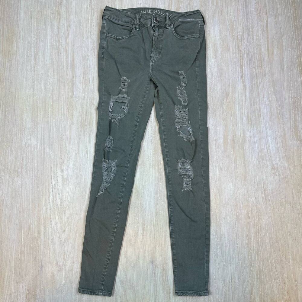 American Eagle Super Stretch X Green Jegging Skinny Distressed Ripped Jeans 4